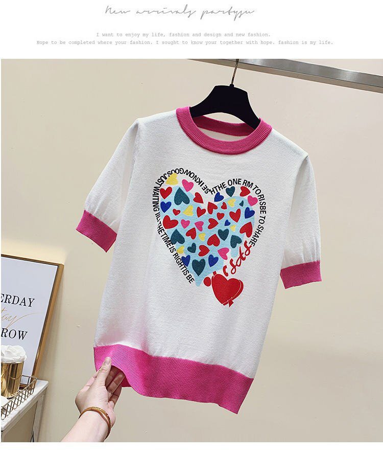 Summer Large 2XL Comfort Cotton Knitted T Shirts Cute Love Heart Print Graphic Tee Korean Japan Fashion Office Ladies Tops Mujer