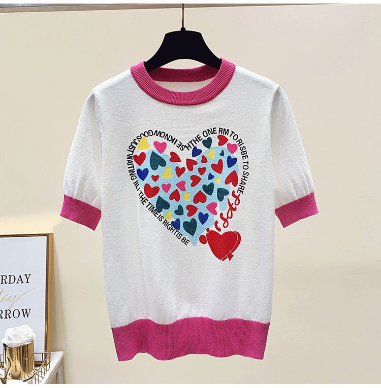 Summer Large 2XL Comfort Cotton Knitted T Shirts Cute Love Heart Print Graphic Tee Korean Japan Fashion Office Ladies Tops Mujer