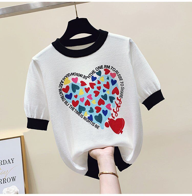 Summer Large 2XL Comfort Cotton Knitted T Shirts Cute Love Heart Print Graphic Tee Korean Japan Fashion Office Ladies Tops Mujer