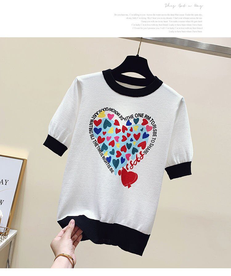 Summer Large 2XL Comfort Cotton Knitted T Shirts Cute Love Heart Print Graphic Tee Korean Japan Fashion Office Ladies Tops Mujer