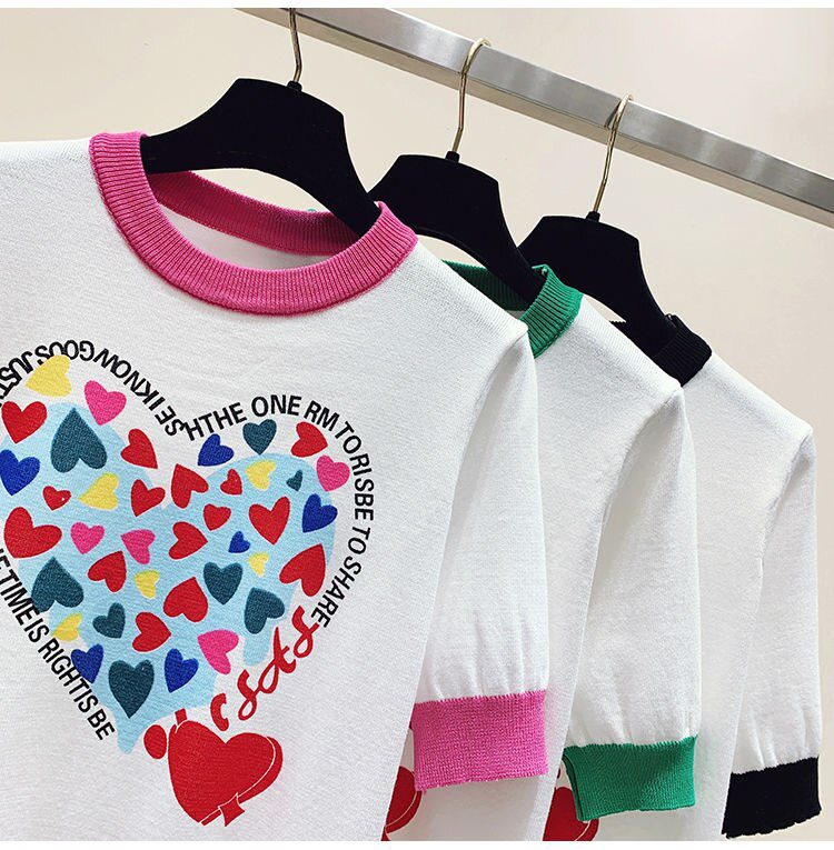 Summer Large 2XL Comfort Cotton Knitted T Shirts Cute Love Heart Print Graphic Tee Korean Japan Fashion Office Ladies Tops Mujer