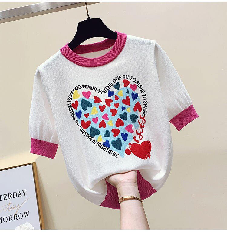 Summer Large 2XL Comfort Cotton Knitted T Shirts Cute Love Heart Print Graphic Tee Korean Japan Fashion Office Ladies Tops Mujer