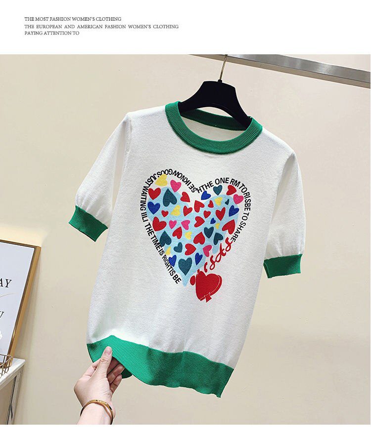 Summer Large 2XL Comfort Cotton Knitted T Shirts Cute Love Heart Print Graphic Tee Korean Japan Fashion Office Ladies Tops Mujer