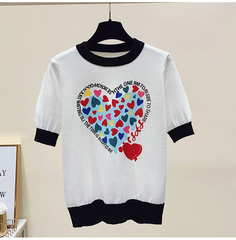 Summer Large 2XL Comfort Cotton Knitted T Shirts Cute Love Heart Print Graphic Tee Korean Japan Fashion Office Ladies Tops Mujer