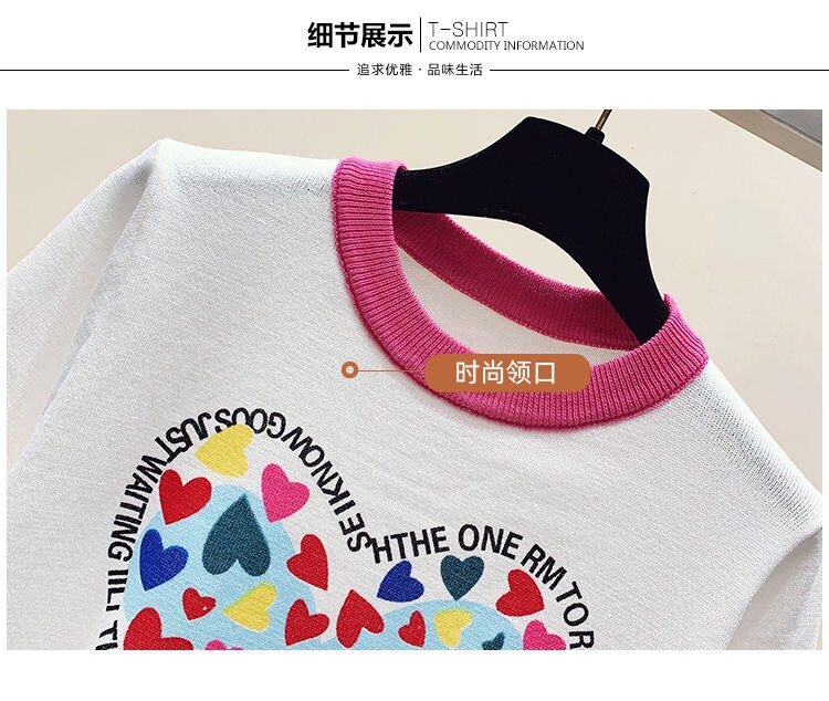 Summer Large 2XL Comfort Cotton Knitted T Shirts Cute Love Heart Print Graphic Tee Korean Japan Fashion Office Ladies Tops Mujer