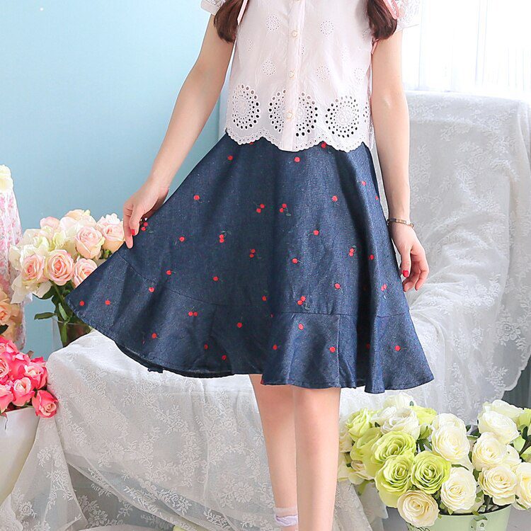 Sales Japan Liz Lisa Original Sweet Cotton Cherry Embroidery Denim Skirt Ruffles Skirts