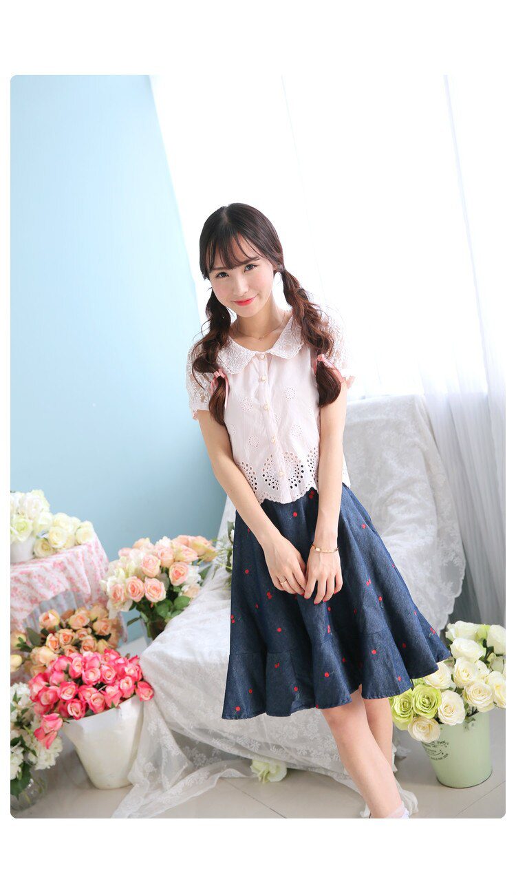 Sales Japan Liz Lisa Original Sweet Cotton Cherry Embroidery Denim Skirt Ruffles Skirts