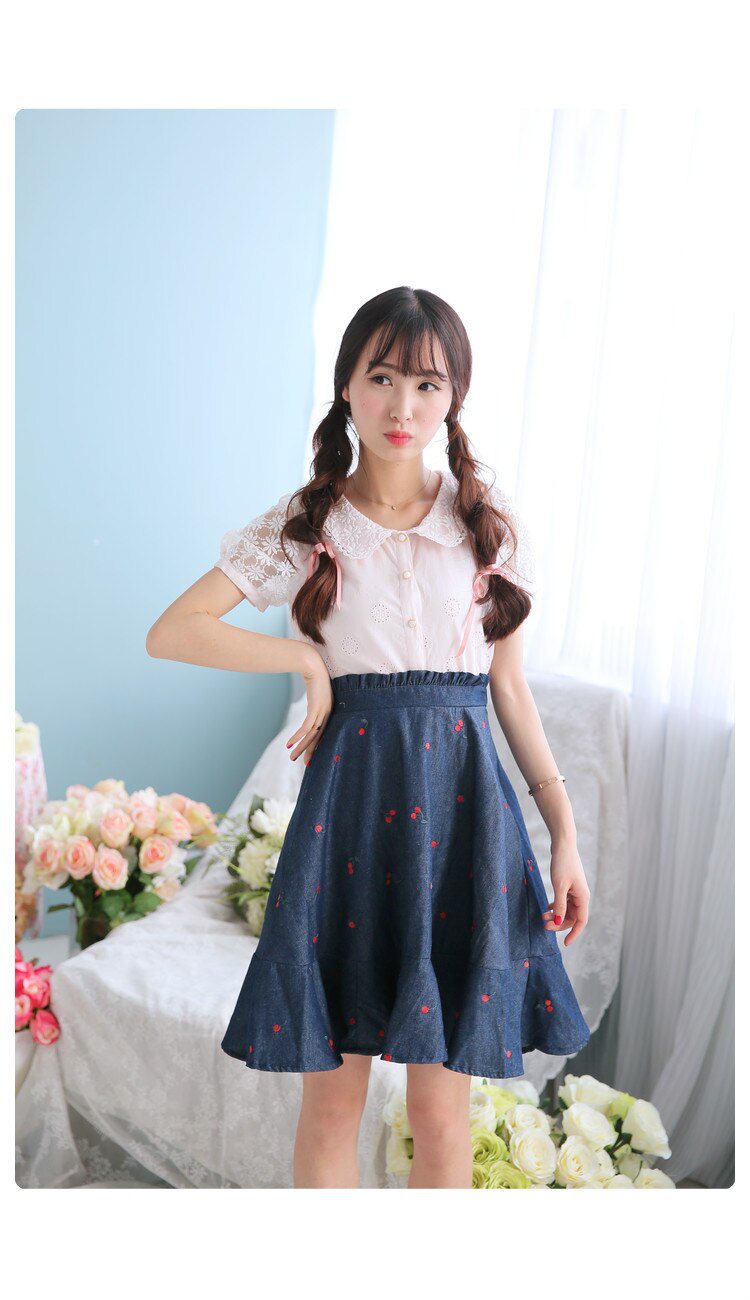 Sales Japan Liz Lisa Original Sweet Cotton Cherry Embroidery Denim Skirt Ruffles Skirts