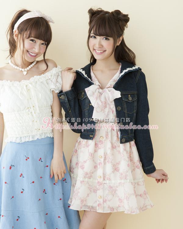 Sales Japan Liz Lisa Original Sweet Cotton Cherry Embroidery Denim Skirt Ruffles Skirts