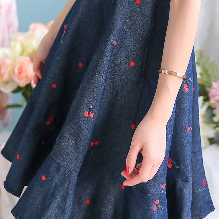 Sales Japan Liz Lisa Original Sweet Cotton Cherry Embroidery Denim Skirt Ruffles Skirts