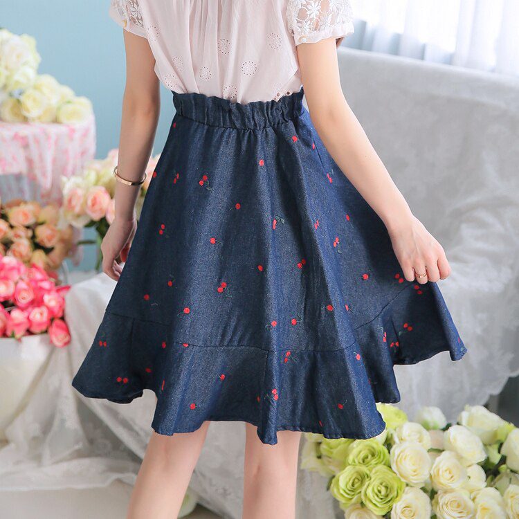 Sales Japan Liz Lisa Original Sweet Cotton Cherry Embroidery Denim Skirt Ruffles Skirts