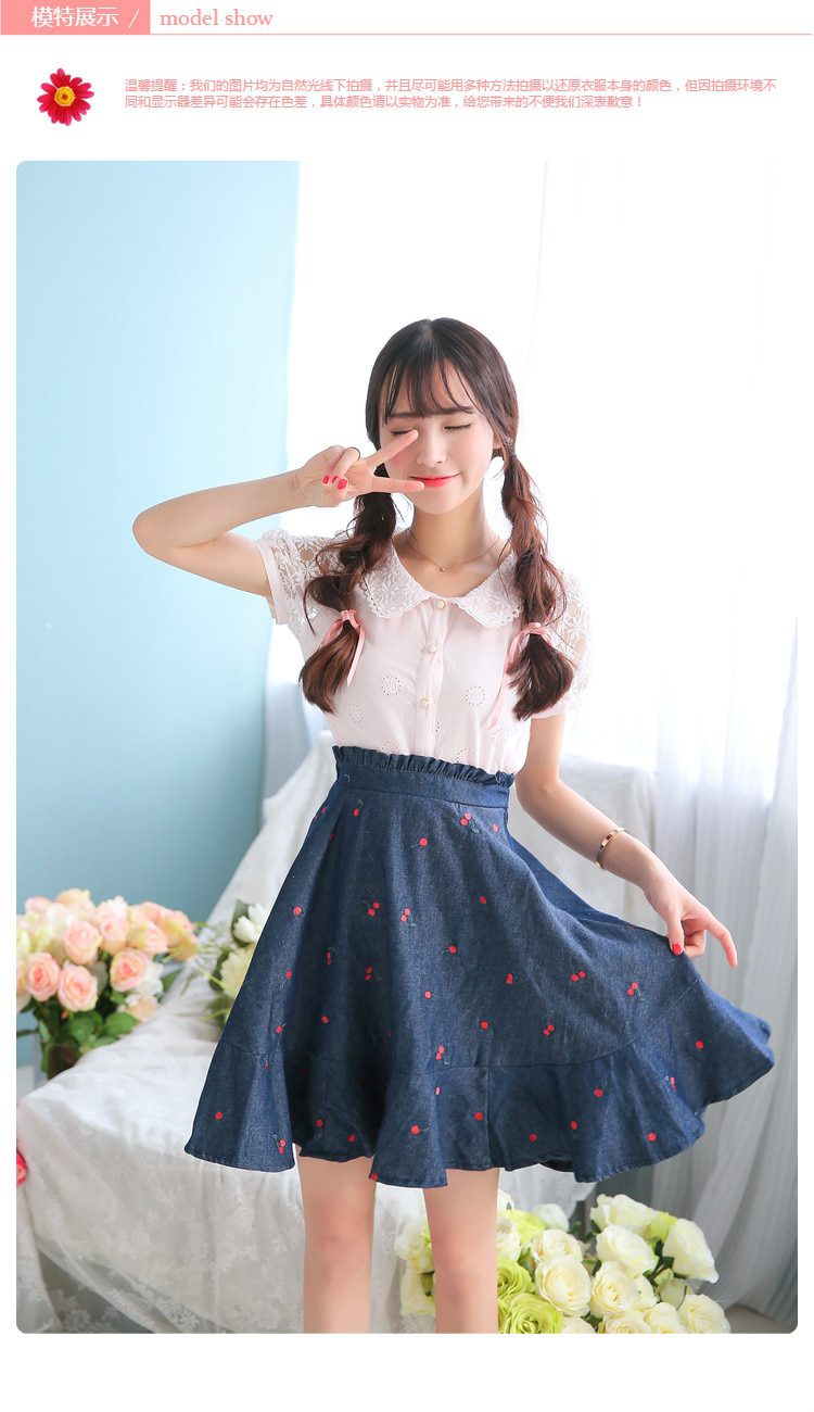 Sales Japan Liz Lisa Original Sweet Cotton Cherry Embroidery Denim Skirt Ruffles Skirts