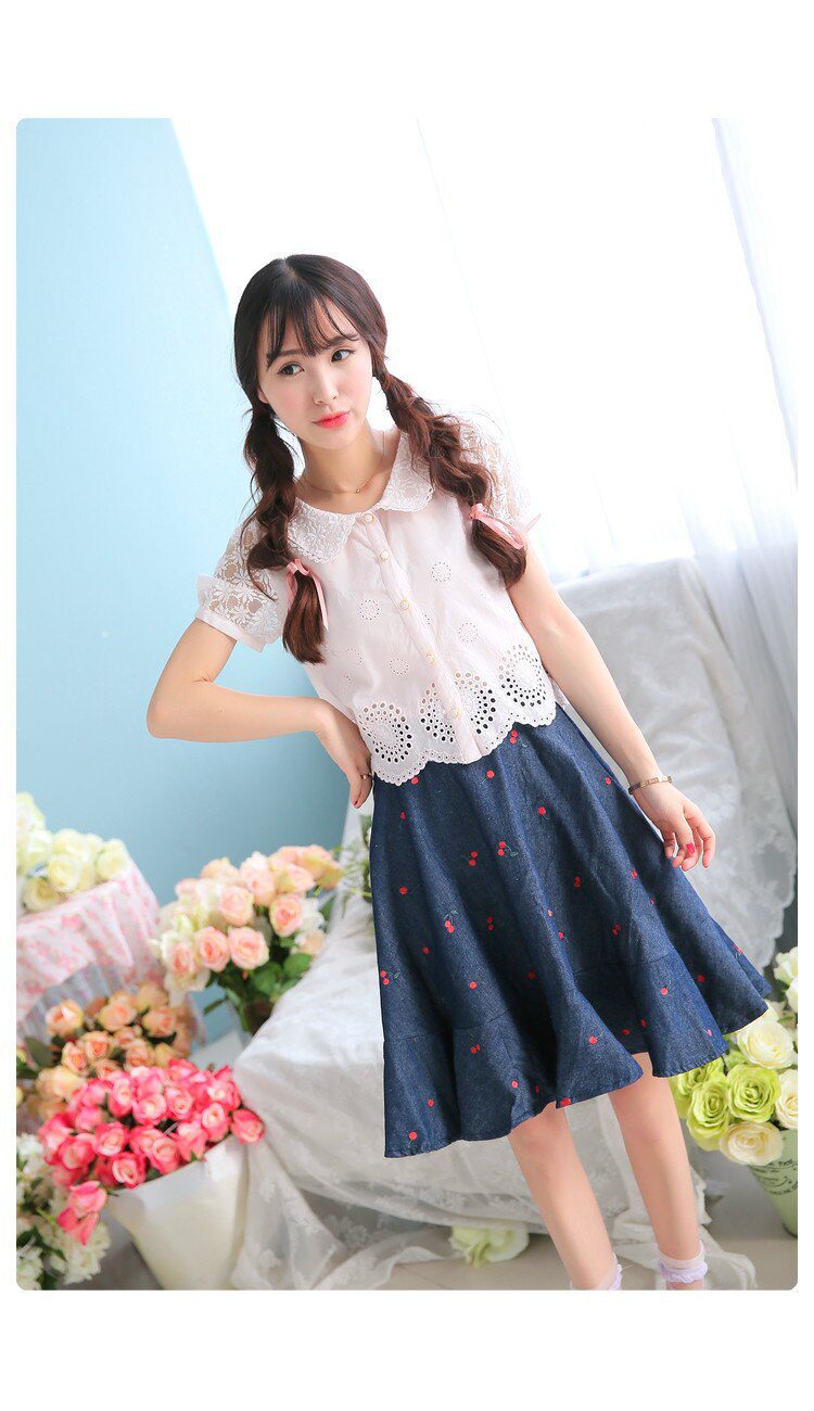 Sales Japan Liz Lisa Original Sweet Cotton Cherry Embroidery Denim Skirt Ruffles Skirts