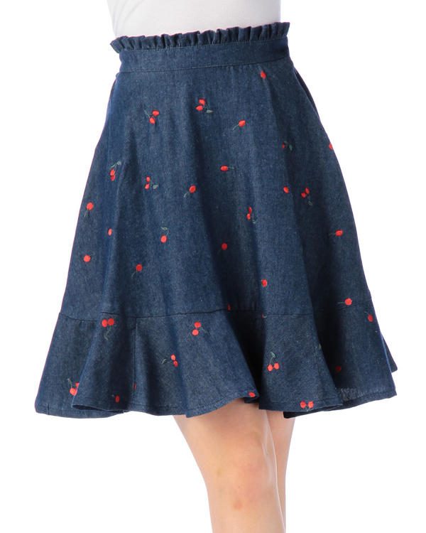 Sales Japan Liz Lisa Original Sweet Cotton Cherry Embroidery Denim Skirt Ruffles Skirts