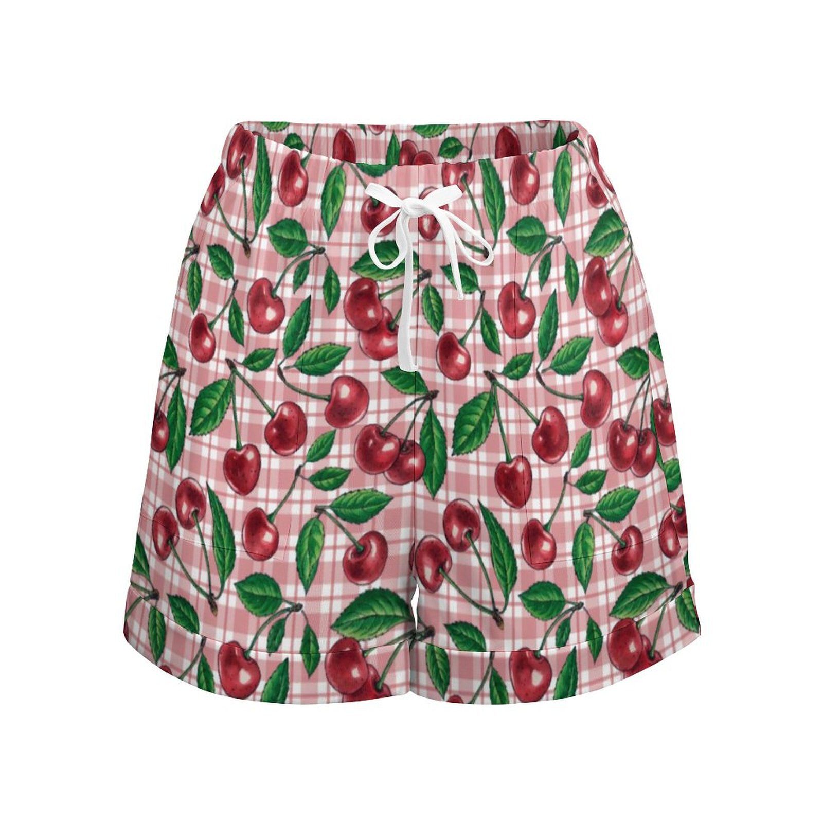 Red Cherry Print Shorts Female Pink Plaid Casual Graphic Shorts Elastic Waist Oversized Short Pants Night Club Bottoms