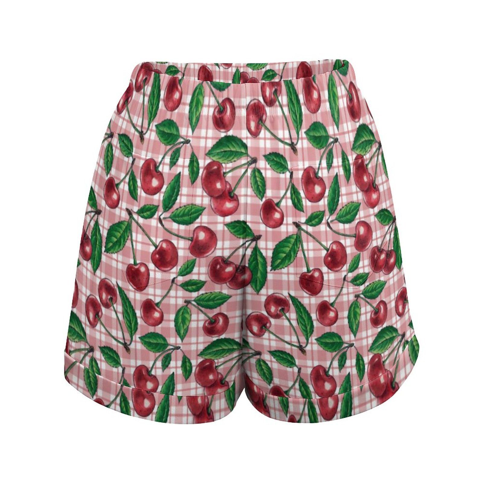 Red Cherry Print Shorts Female Pink Plaid Casual Graphic Shorts Elastic Waist Oversized Short Pants Night Club Bottoms