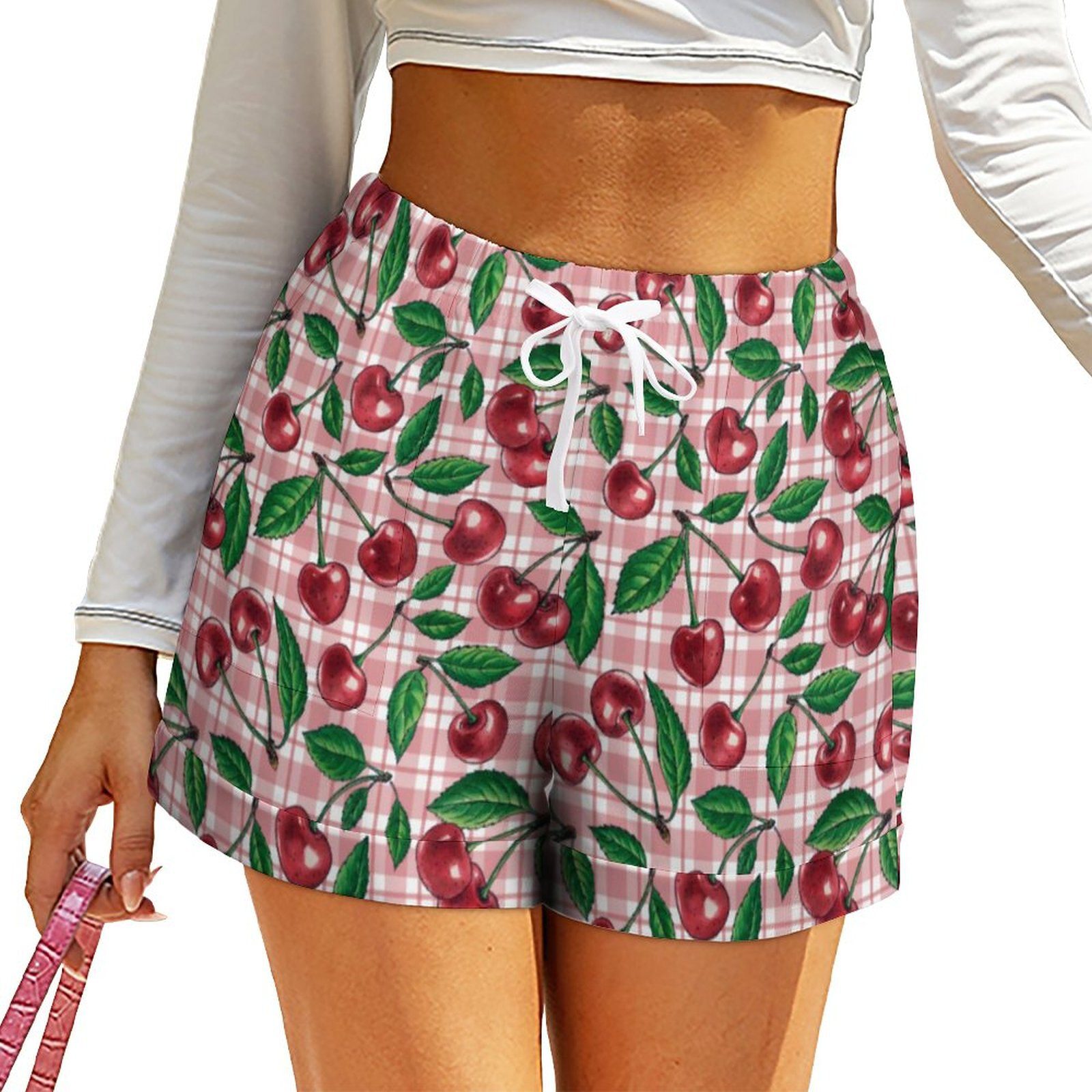 Red Cherry Print Shorts Female Pink Plaid Casual Graphic Shorts Elastic Waist Oversized Short Pants Night Club Bottoms