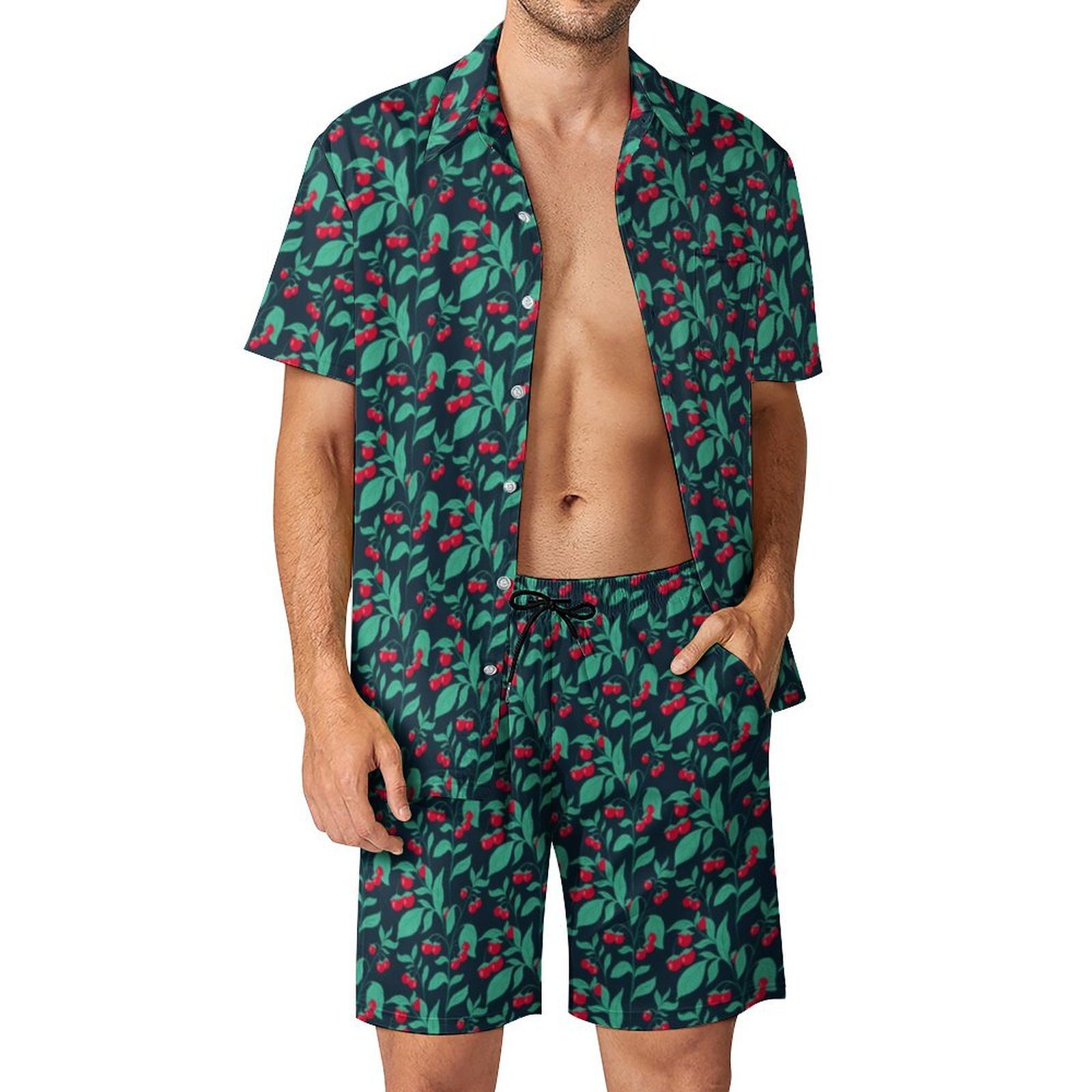 Cherry Tomatoes Men Sets Green Leaves Print Casual Shorts Beach Shirt Set Summer Hawaiian Suit Short-Sleeve Oversize