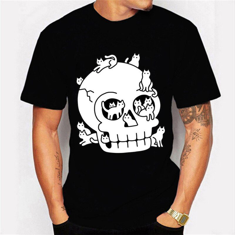 Summer New Fashion Brand Men's T-shirts Skull Cat Luminous Casual Streetwear Short Sleeve Oversized Men's T-Shirt Y2k Clothing