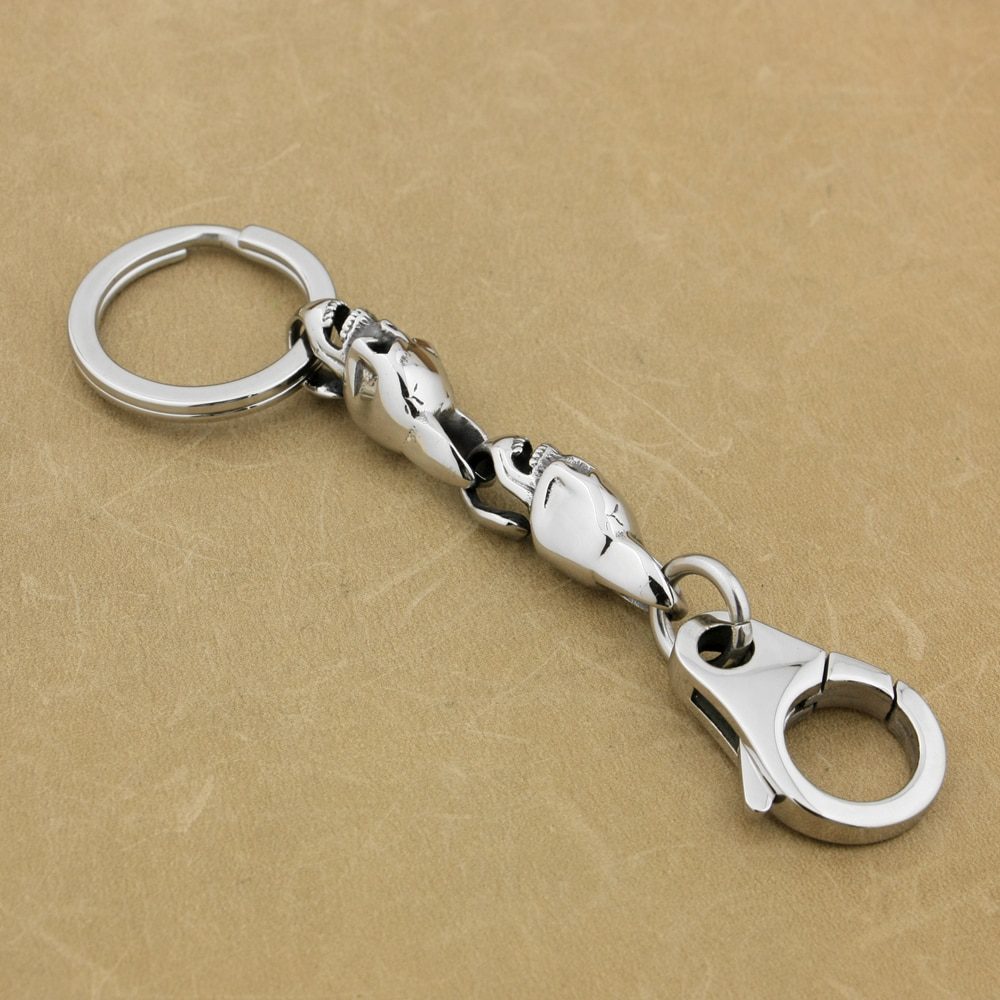 LINSION 316L Stainless Steel Mens Skulls KeyRing Biker Keychain 5T006KC Punk Jewelry