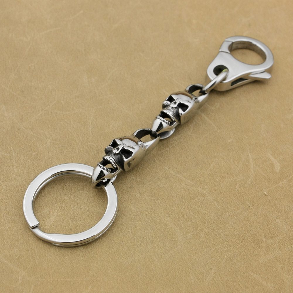 LINSION 316L Stainless Steel Mens Skulls KeyRing Biker Keychain 5T006KC Punk Jewelry