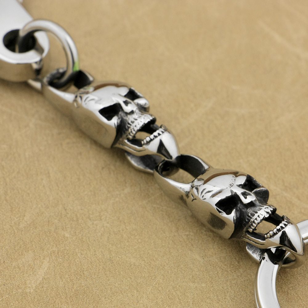 LINSION 316L Stainless Steel Mens Skulls KeyRing Biker Keychain 5T006KC Punk Jewelry