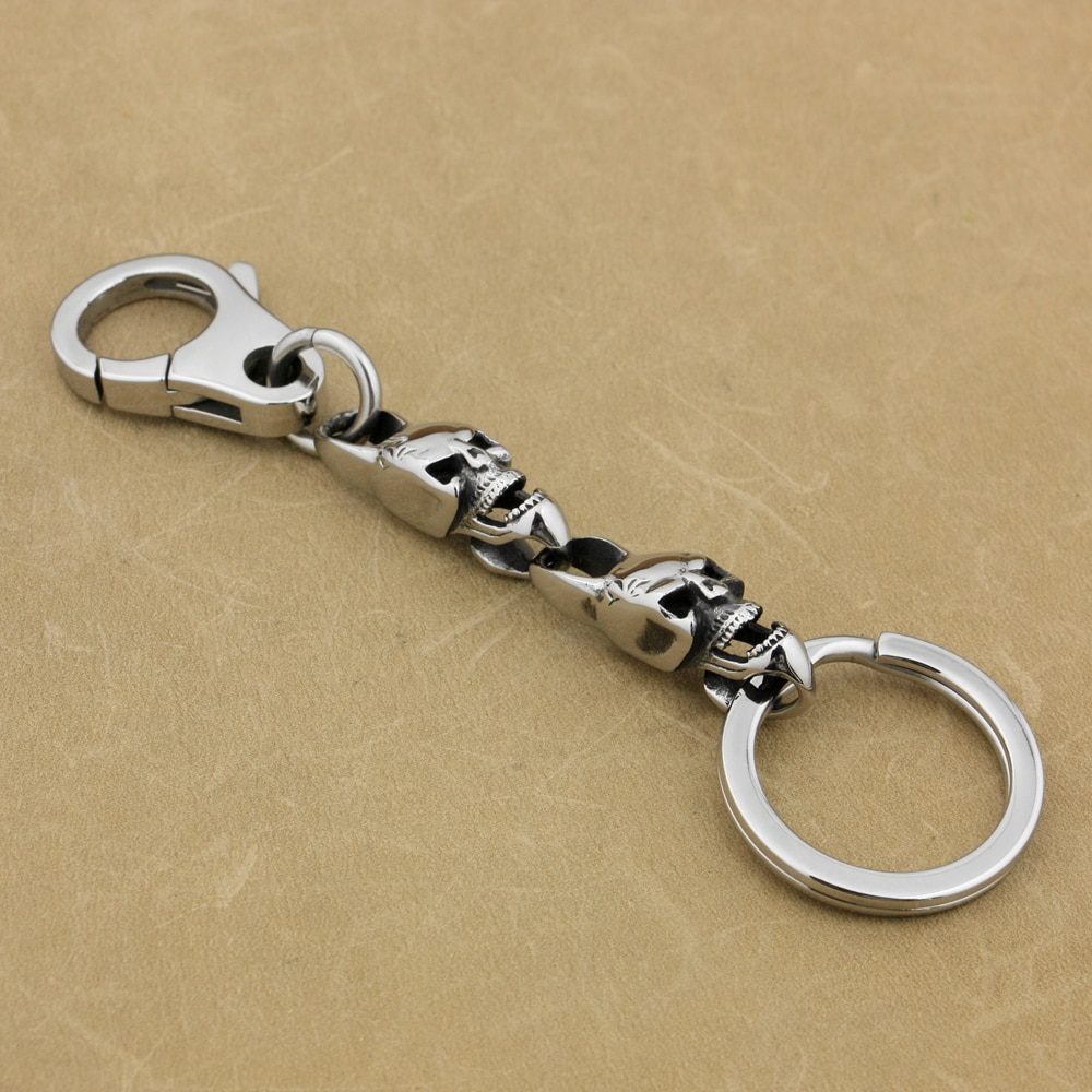 LINSION 316L Stainless Steel Mens Skulls KeyRing Biker Keychain 5T006KC Punk Jewelry