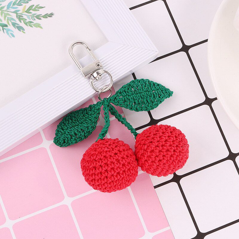 Cute Handmade Knitting Wave Big Cherry Strawberry Key Chains for women Funny Fruit Keychains Bag Hanging Car Key Holder Keyrings