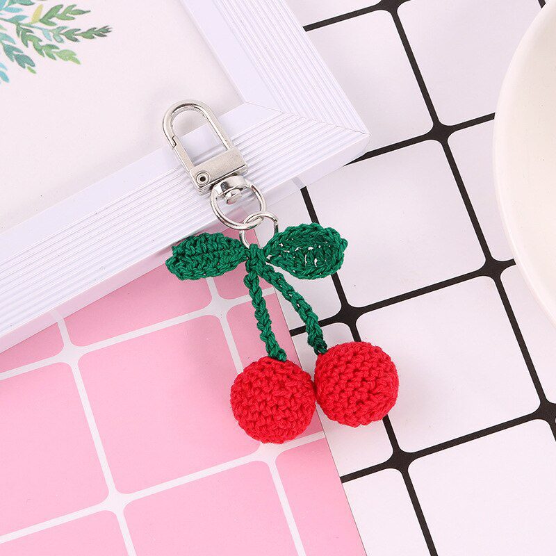 Cute Handmade Knitting Wave Big Cherry Strawberry Key Chains for women Funny Fruit Keychains Bag Hanging Car Key Holder Keyrings