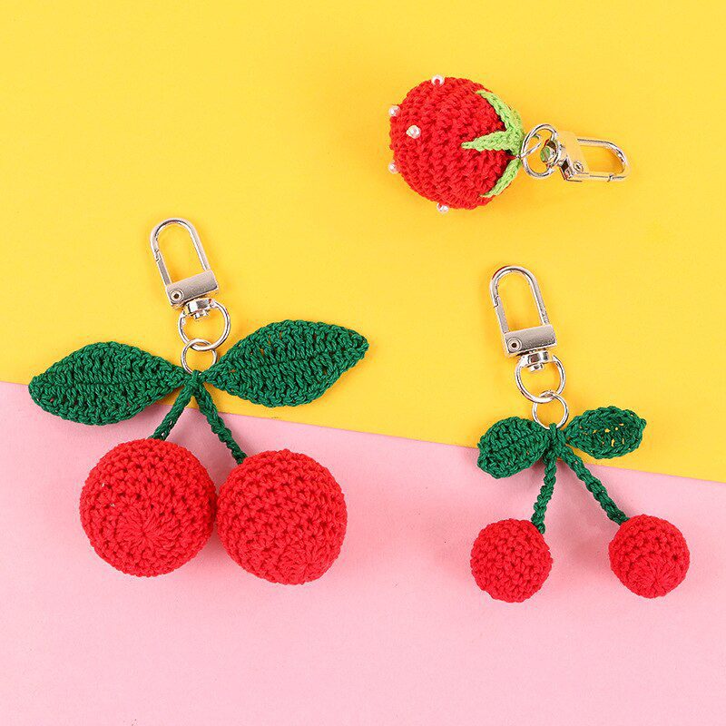 Cute Handmade Knitting Wave Big Cherry Strawberry Key Chains for women Funny Fruit Keychains Bag Hanging Car Key Holder Keyrings