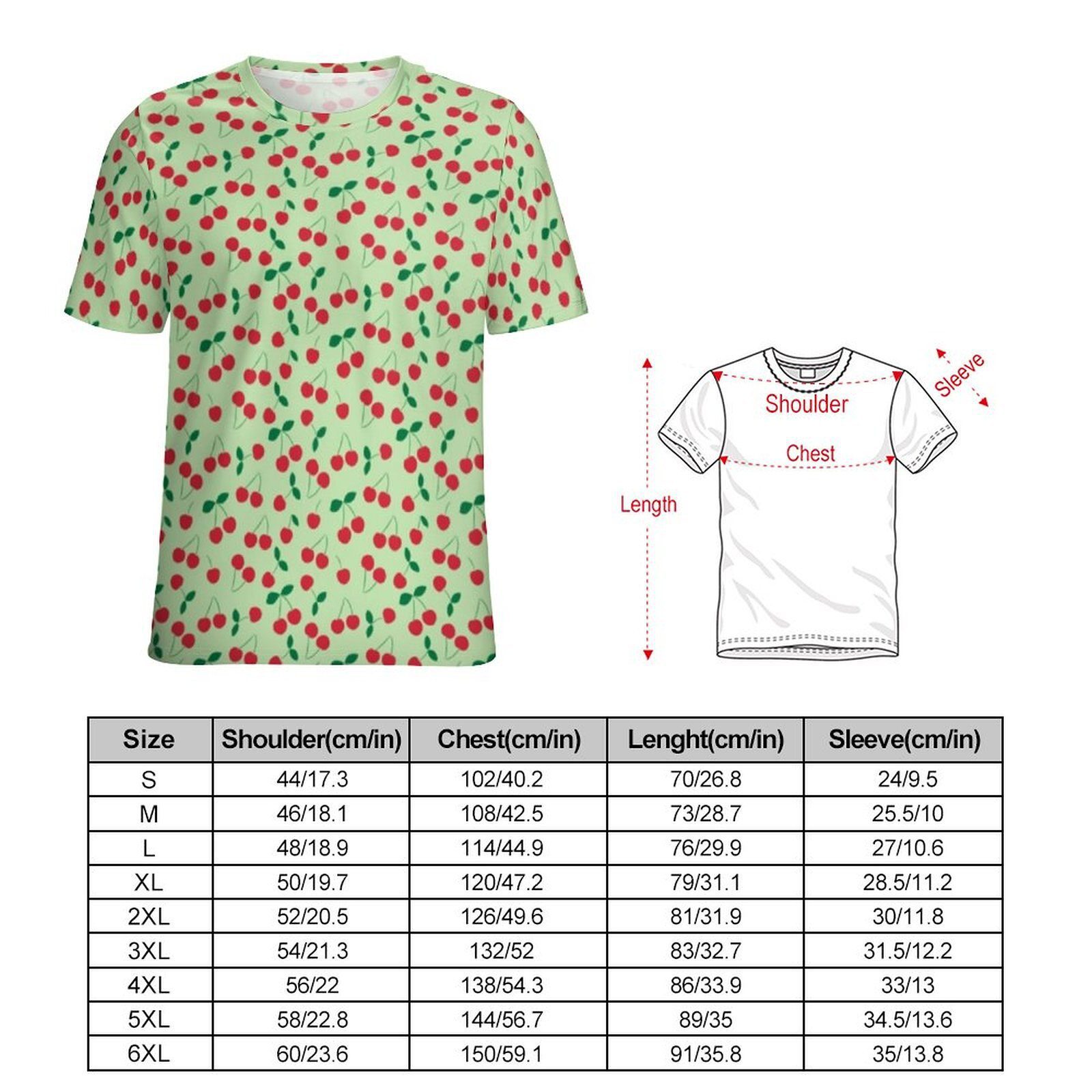 Cute Cherry Print T Shirt Retro Fruit Cool T-Shirts Men Funny Tee Shirt Premium Short Sleeves Graphic Tees Big Size 5XL 6XL