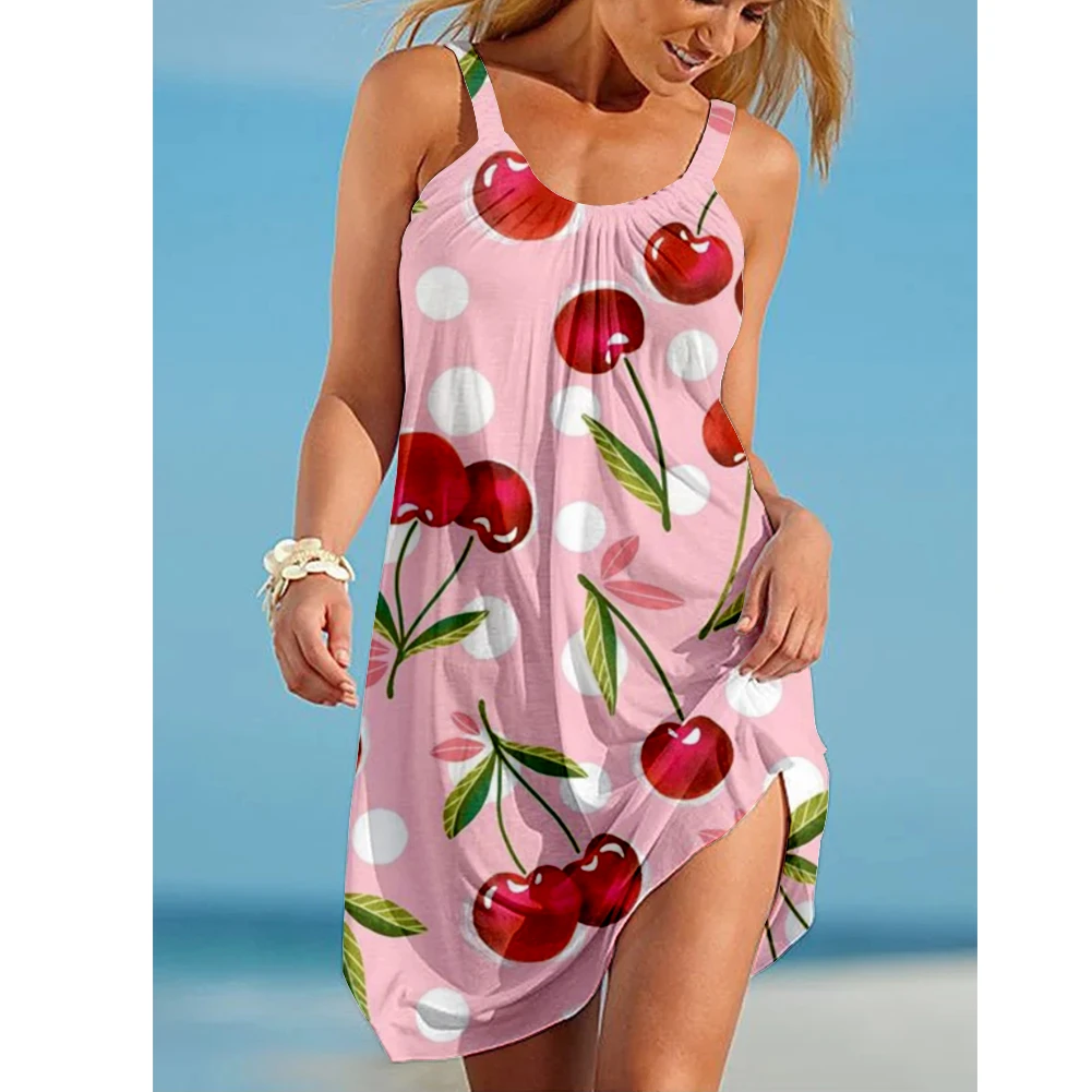 Hot Cherry Animal Flamingos 3D Print Beach Dresses Robe Women Formal Holiday Beachwear Sleeveless Elegant Party Dresses Sundress