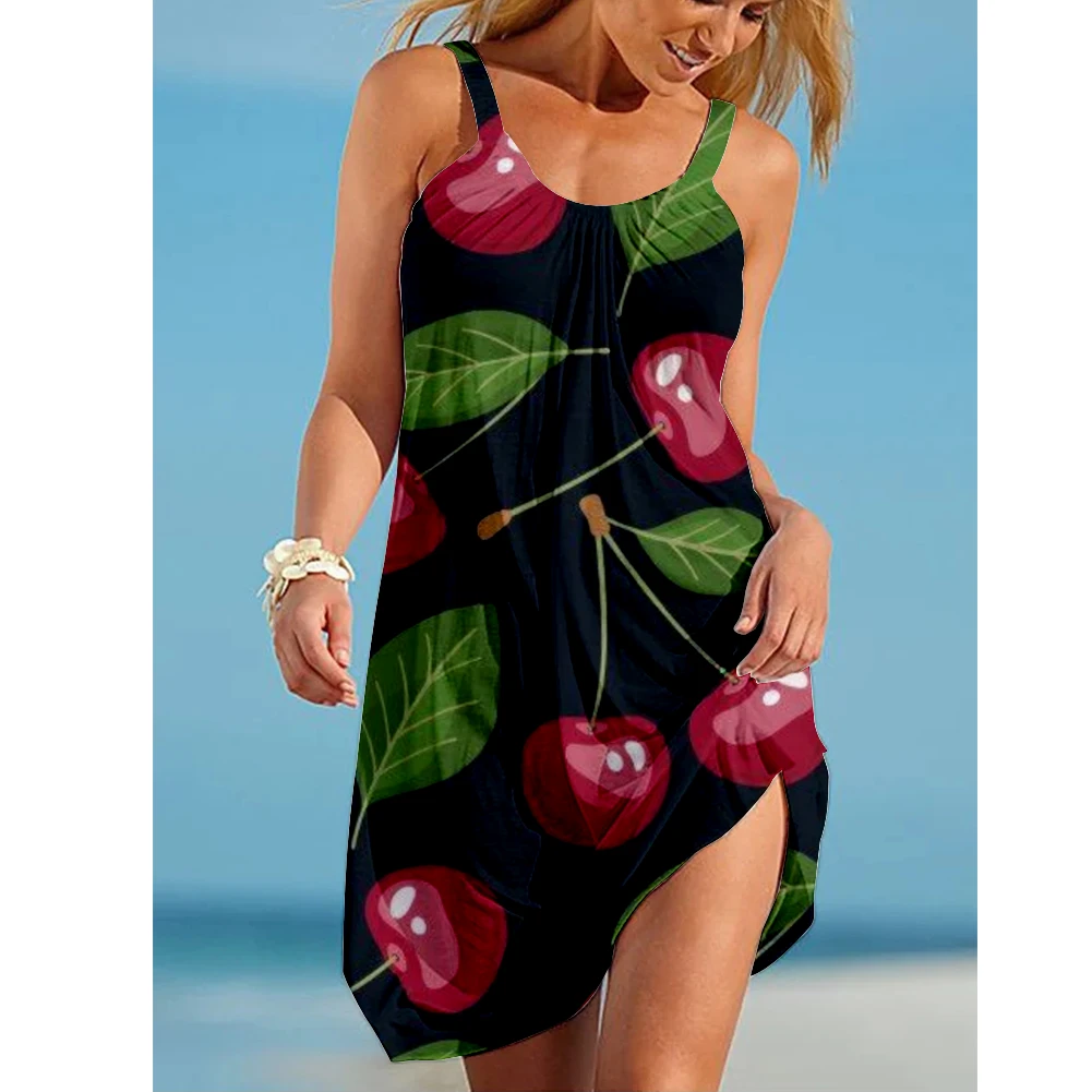 Hot Cherry Animal Flamingos 3D Print Beach Dresses Robe Women Formal Holiday Beachwear Sleeveless Elegant Party Dresses Sundress