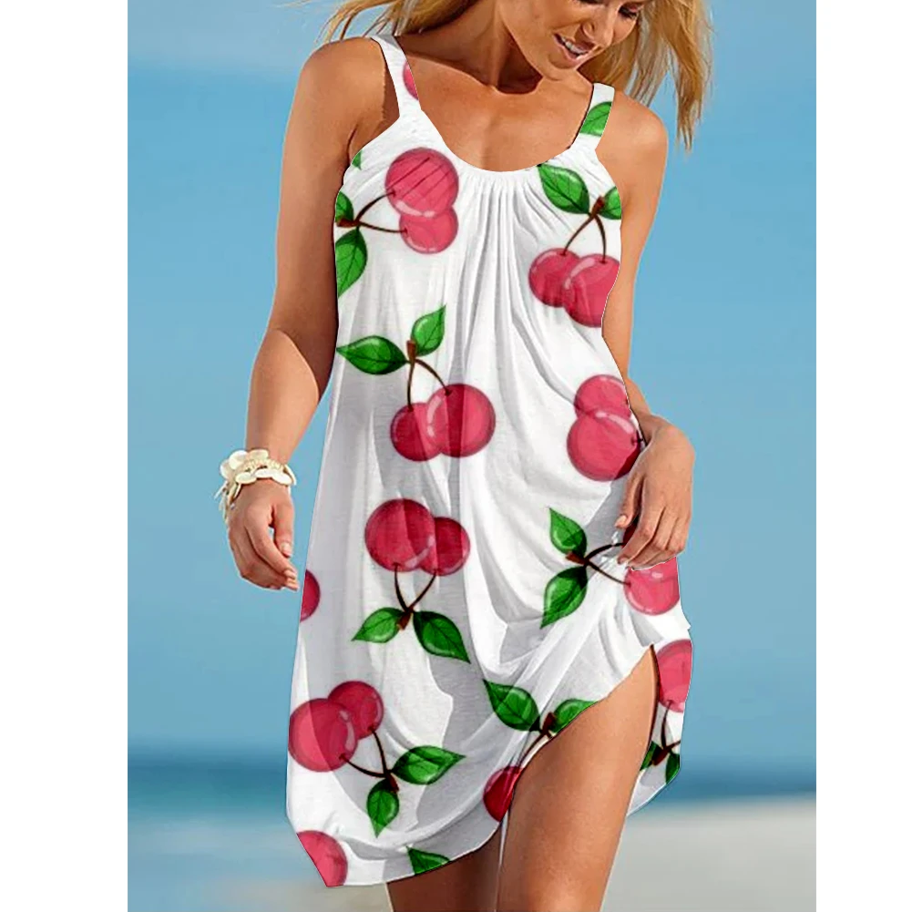 Hot Cherry Animal Flamingos 3D Print Beach Dresses Robe Women Formal Holiday Beachwear Sleeveless Elegant Party Dresses Sundress