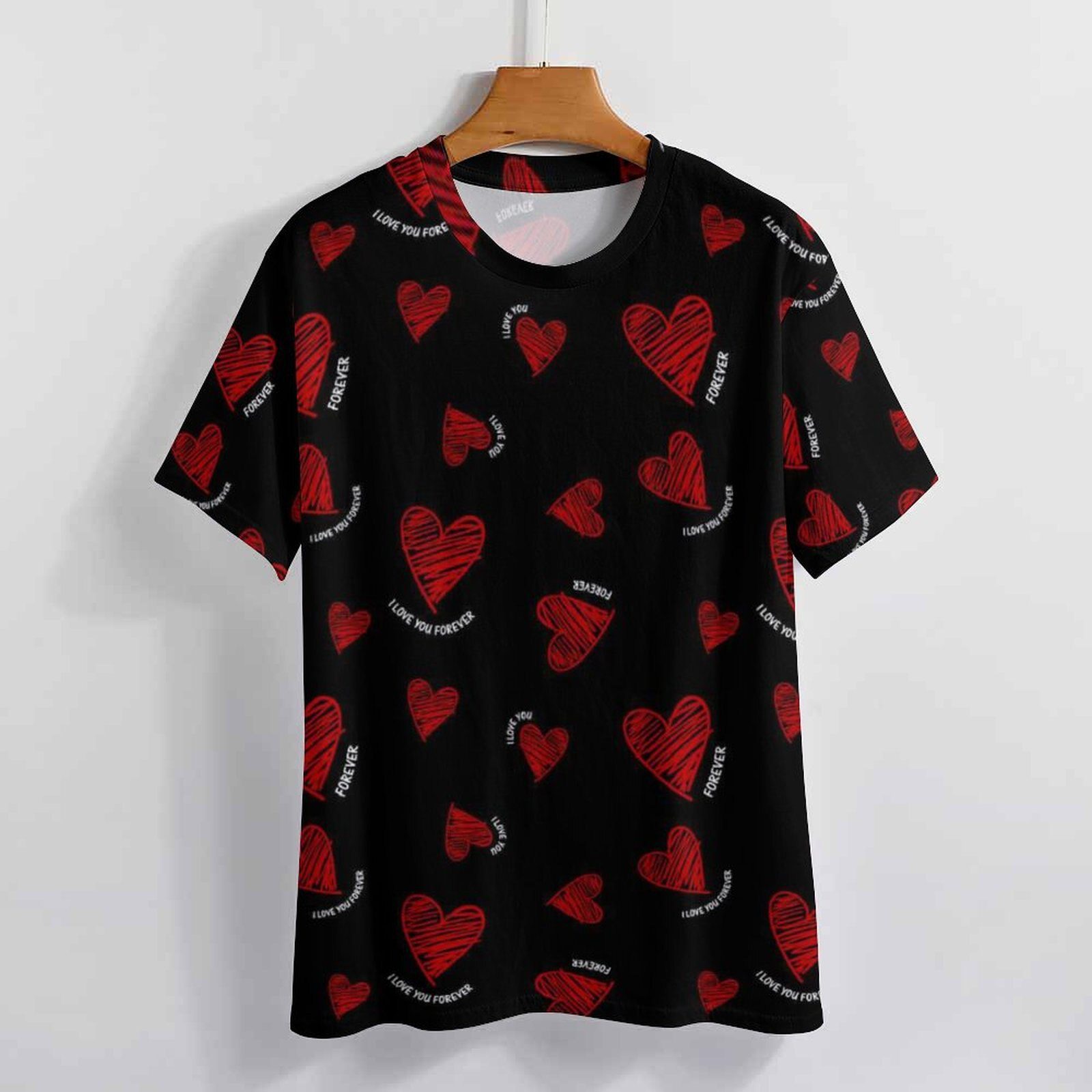 Red Heart Print T Shirt I Love You Forever Male Popular T Shirts Beach Custom Tees Short Sleeve Essential Oversize Tops Gift