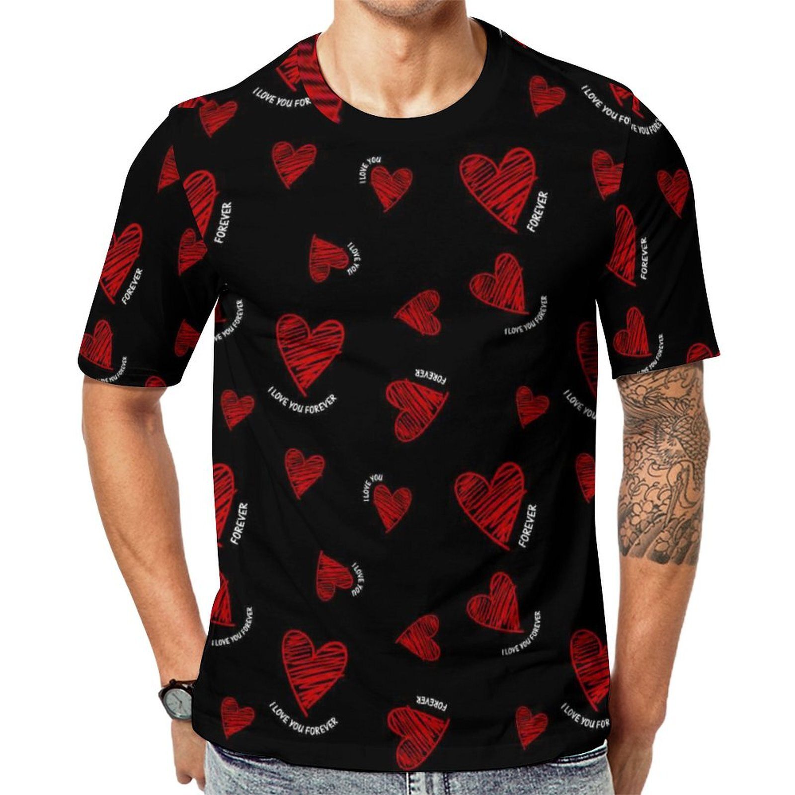 Red Heart Print T Shirt I Love You Forever Male Popular T Shirts Beach Custom Tees Short Sleeve Essential Oversize Tops Gift