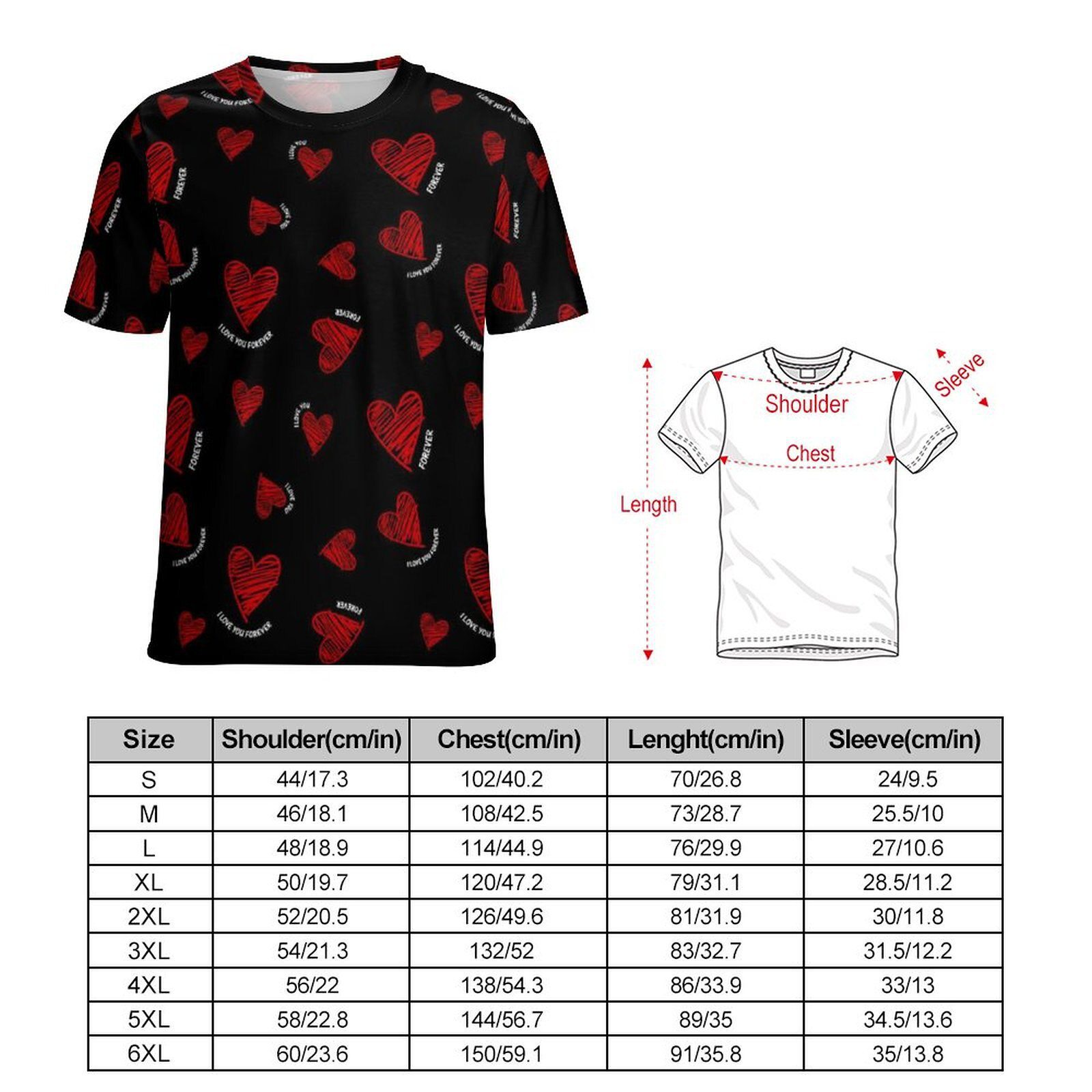 Red Heart Print T Shirt I Love You Forever Male Popular T Shirts Beach Custom Tees Short Sleeve Essential Oversize Tops Gift