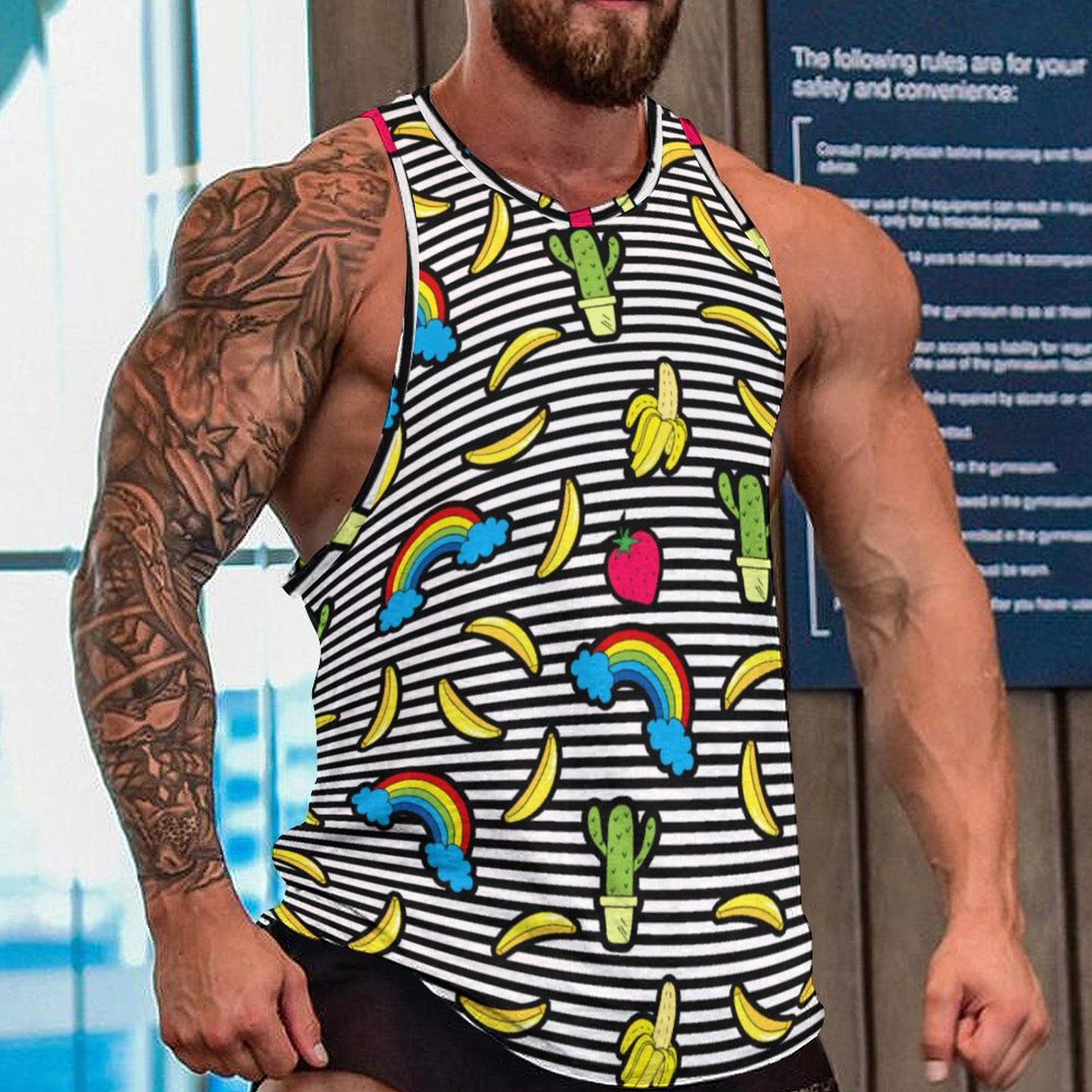 Cactus Rainbow Fruit Tank Top Men Black White Stripes Sportswear Tops Summer Gym Graphic Sleeveless Shirts Big Size 4XL 5XL