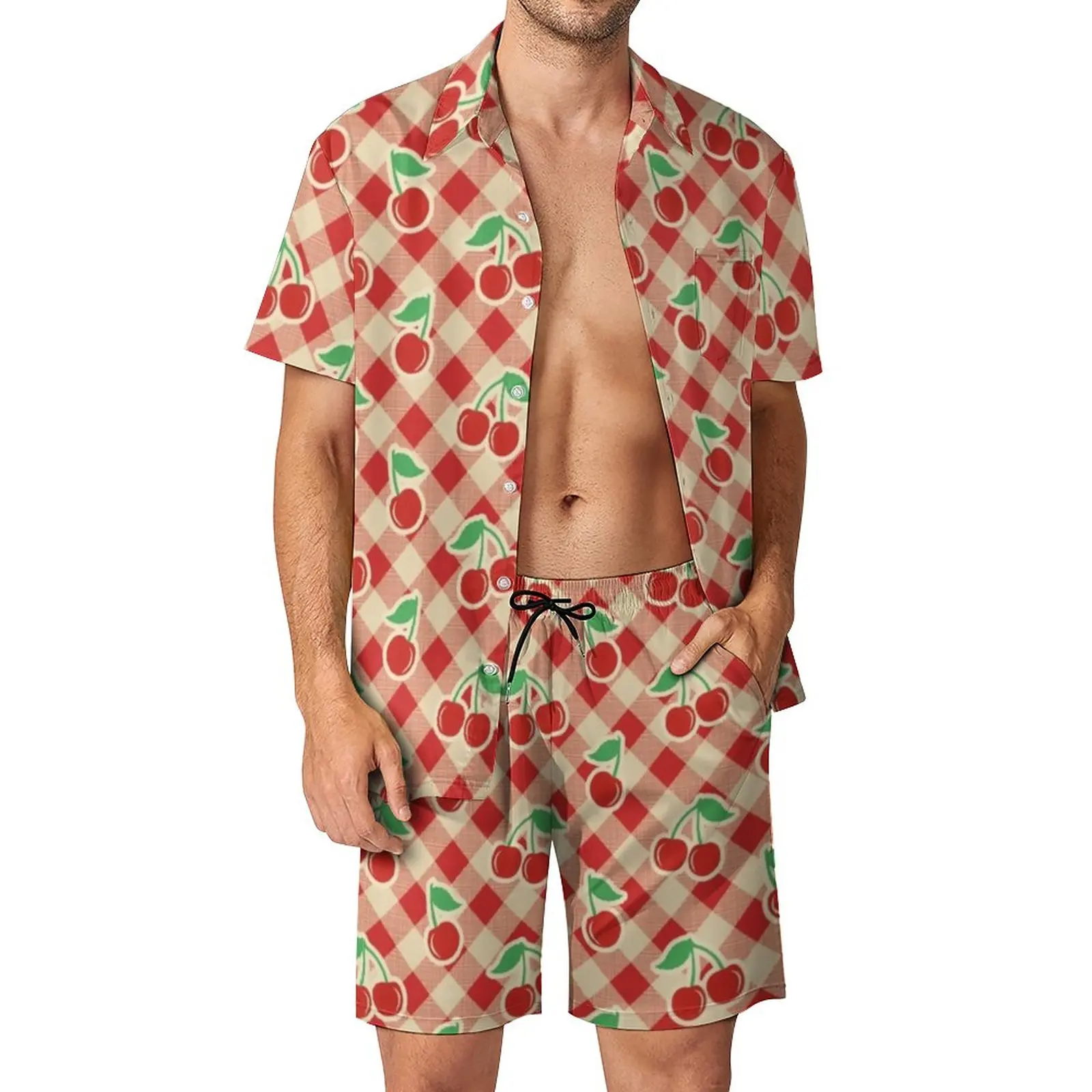 CHERRY  Print Men Sets Vintage Plaid Casual Shorts Summer Trending Beach Shirt Set