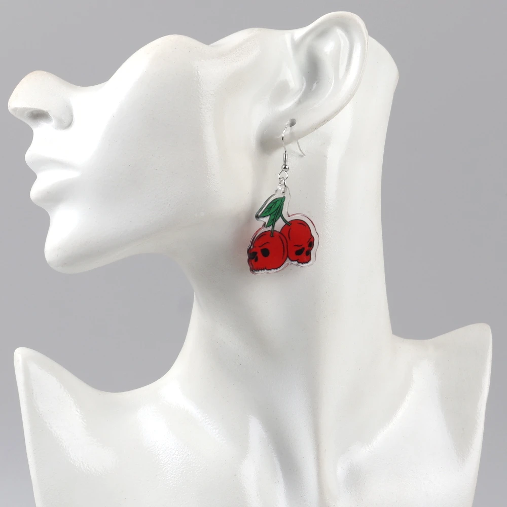 Cherry Skull Cherry Acrylic Printing Drop  Dangle Earrings