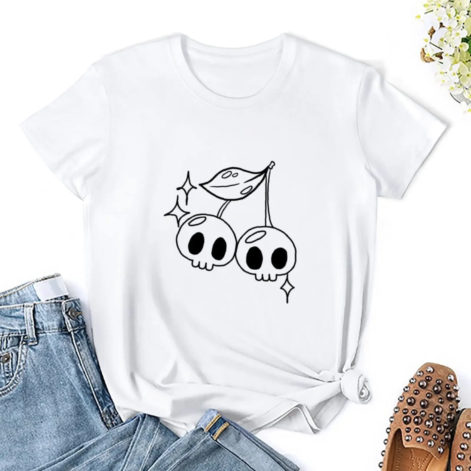 Cherry Skull  T-shirt summer Tops Women