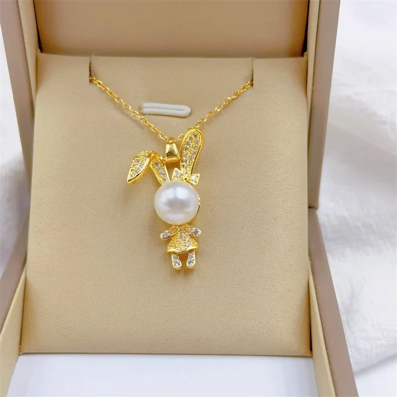 Classic Vintage Style Noble Pearl Cute Rabbit Necklace Stainless Steel Clavicle Chain