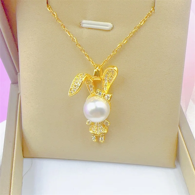 Classic Vintage Style Noble Pearl Cute Rabbit Necklace Stainless Steel Clavicle Chain