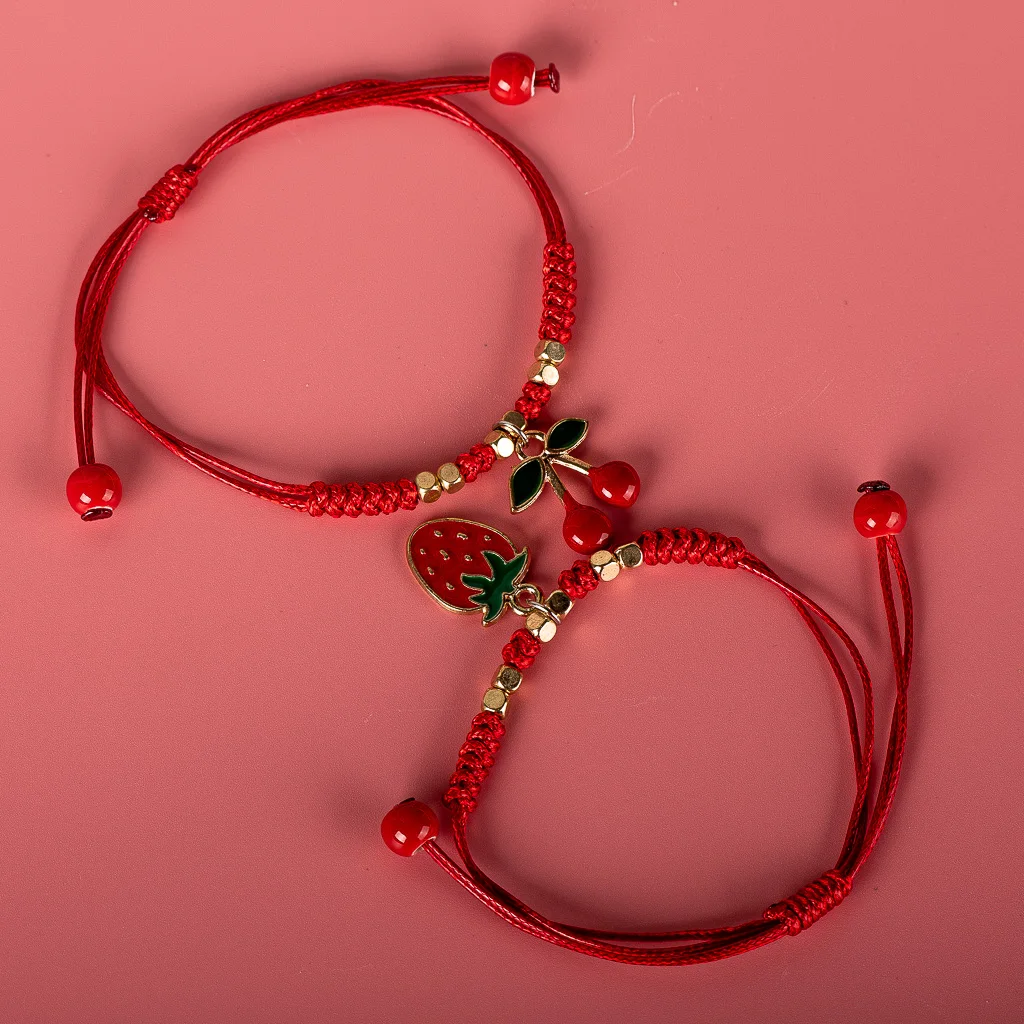 Strawberry Cherry Red Rope Braided Bracelet Handmade