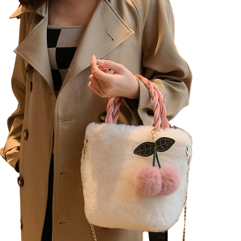 Plush Shoulder Bag with Cherry Pendant for Women Girl Trendy Handbag Tote Bag