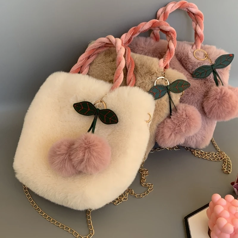 Plush Shoulder Bag with Cherry Pendant for Women Girl Trendy Handbag Tote Bag