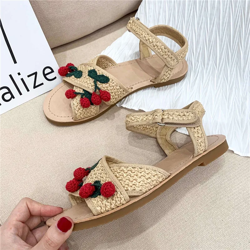 Knitted Cherry Women Sandals 2024 Summer Casual Beach Shoes Ladies Handmade Gladiator Sandalias Outside Flats Cute Footwear