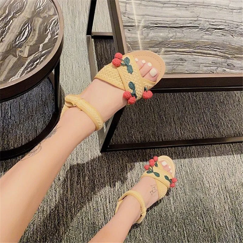 Knitted Cherry Women Sandals 2024 Summer Casual Beach Shoes Ladies Handmade Gladiator Sandalias Outside Flats Cute Footwear