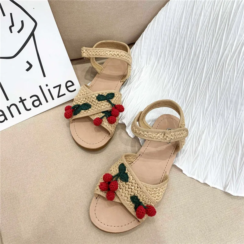 Knitted Cherry Women Sandals 2024 Summer Casual Beach Shoes Ladies Handmade Gladiator Sandalias Outside Flats Cute Footwear