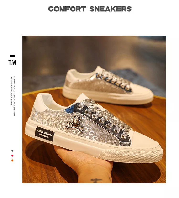 New Shoes for Men Casual Shoes Street Tinsel Skulls Flats Skateboard Shoes Fashion Trend Sneakers